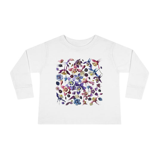 Springtime Bliss: Columbine and Orchid Floral Pattern Toddler Long Sleeve Tee - Cute & Comfy Kids' Shirt for Spring