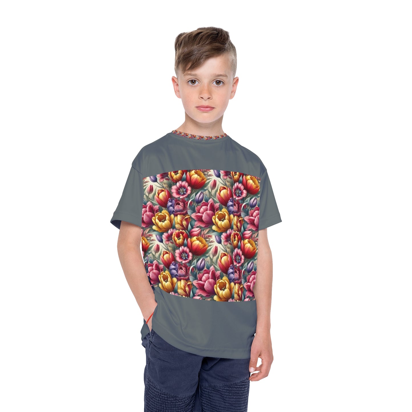 Springtime Bliss: Colorful Tulip PatternsKids Floral Sports Jersey - Vibrant and Fun Design for Active Play