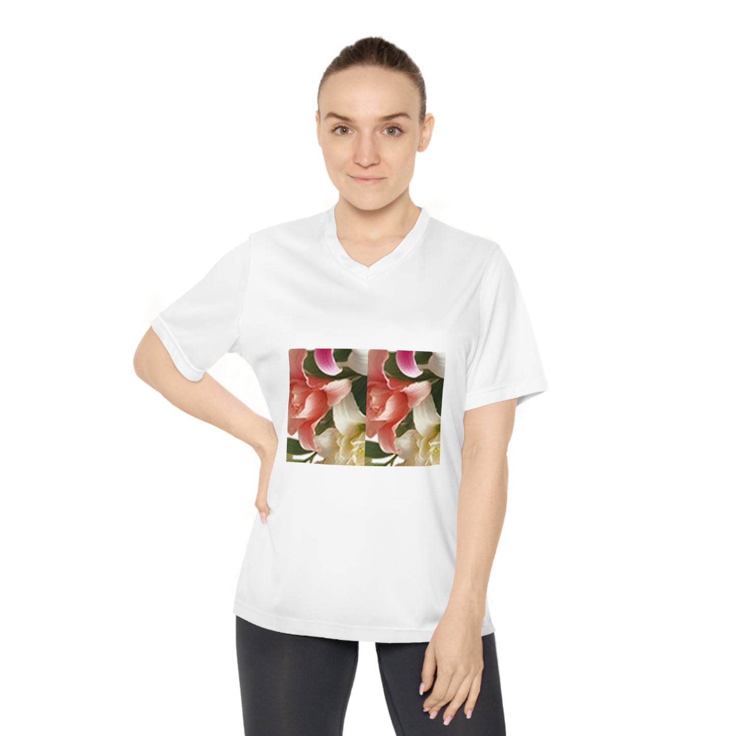 Enticing Petals of Floral Women's Performance V-Neck T-Shirt for Active Lifestyle