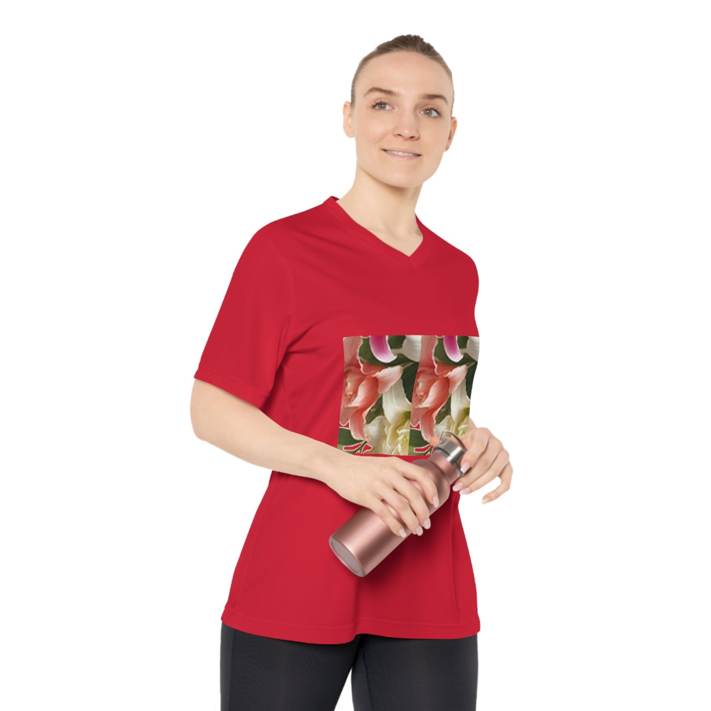 Enticing Petals of Floral Women's Performance V-Neck T-Shirt for Active Lifestyle