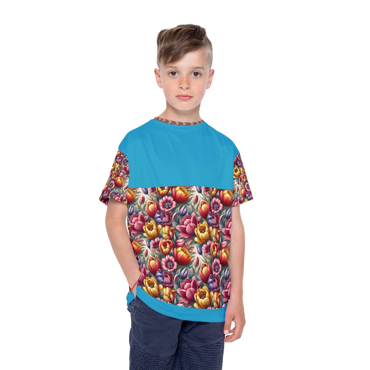 Whimsical Tulips: Nature’s Canvas Vibrant Floral Kids Sports Jersey - Colorful Fun for Active Play