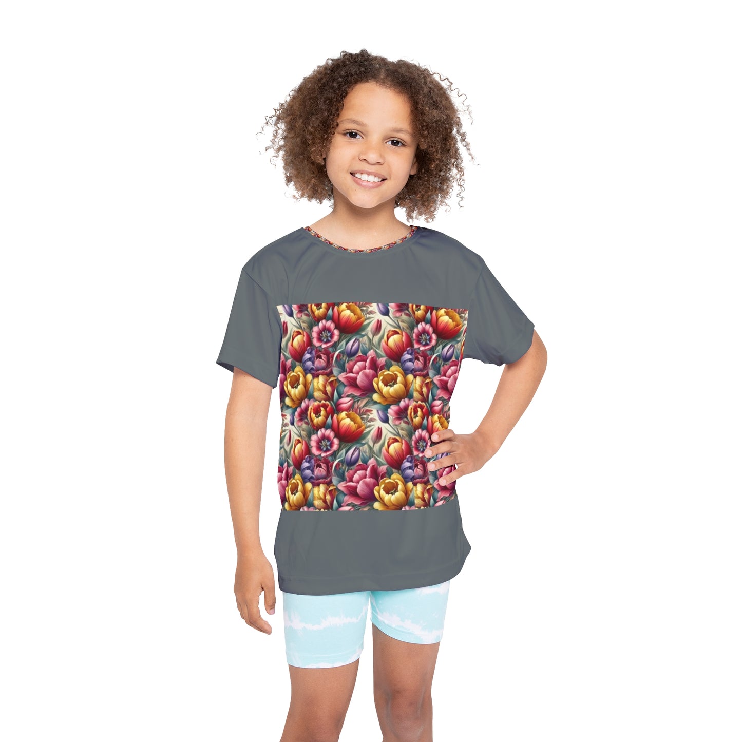 Springtime Bliss: Colorful Tulip PatternsKids Floral Sports Jersey - Vibrant and Fun Design for Active Play